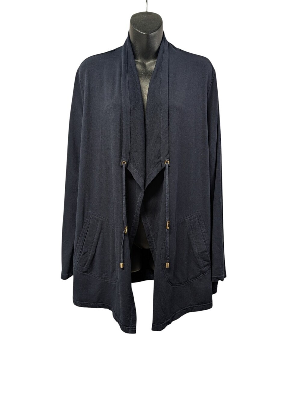 Jones New York Women's Size L Navy Open Front Cardigan Drawstring Pockets Soft